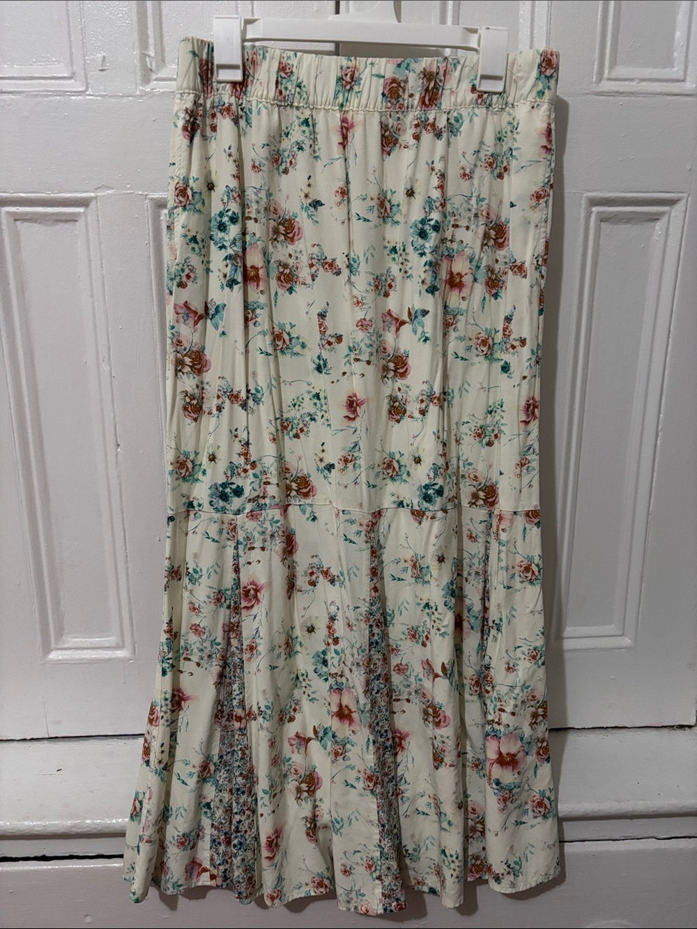 Floral Tiered Maxi Skirt - Cream with Teal & Rust Floral Print